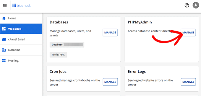 Kliknij przycisk Zarządzaj obok opcji PHPMyAdmin