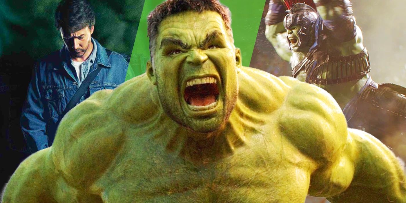 Podzielony obraz przedstawiający Edwarda Nortona w roli Bruce’a Bannera, wrzeszczącego Hulka i Hulka w zbroi gladiatora.