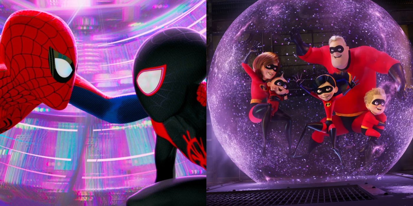 Podzielony obraz przedstawiający sceny z filmów „In the Spiderverse” i „Iniemamocni”.