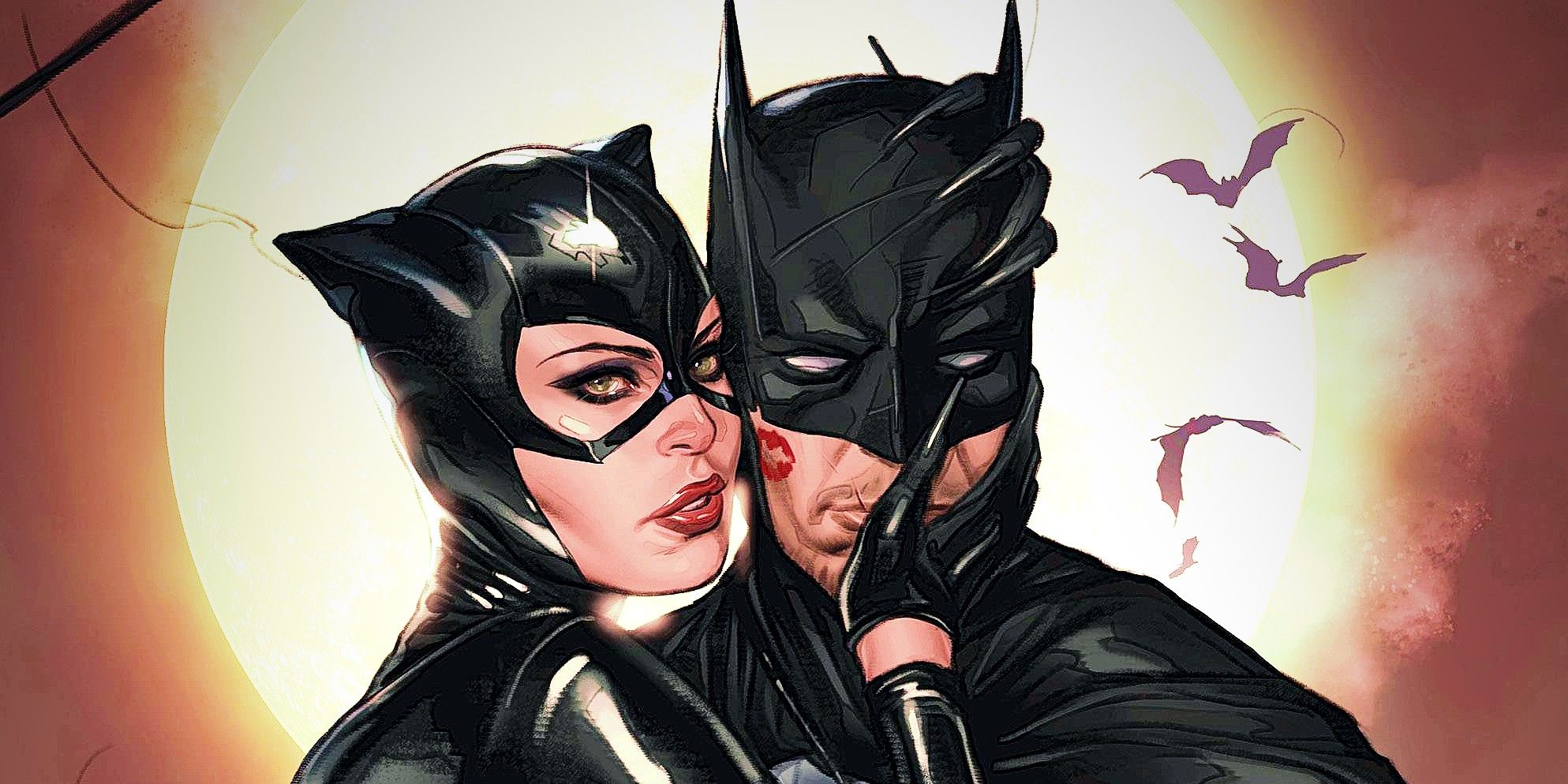 Grafika komiksu: Kobieta-Kot pieszcząca twarz Batmana śladem szminki pod kapturem.