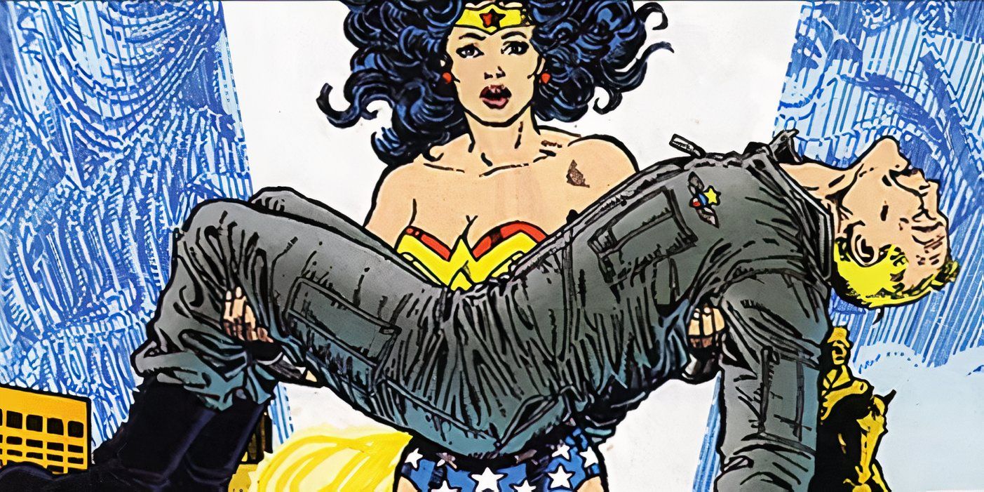 Wonder Woman trzymająca Steve'a Trevora 