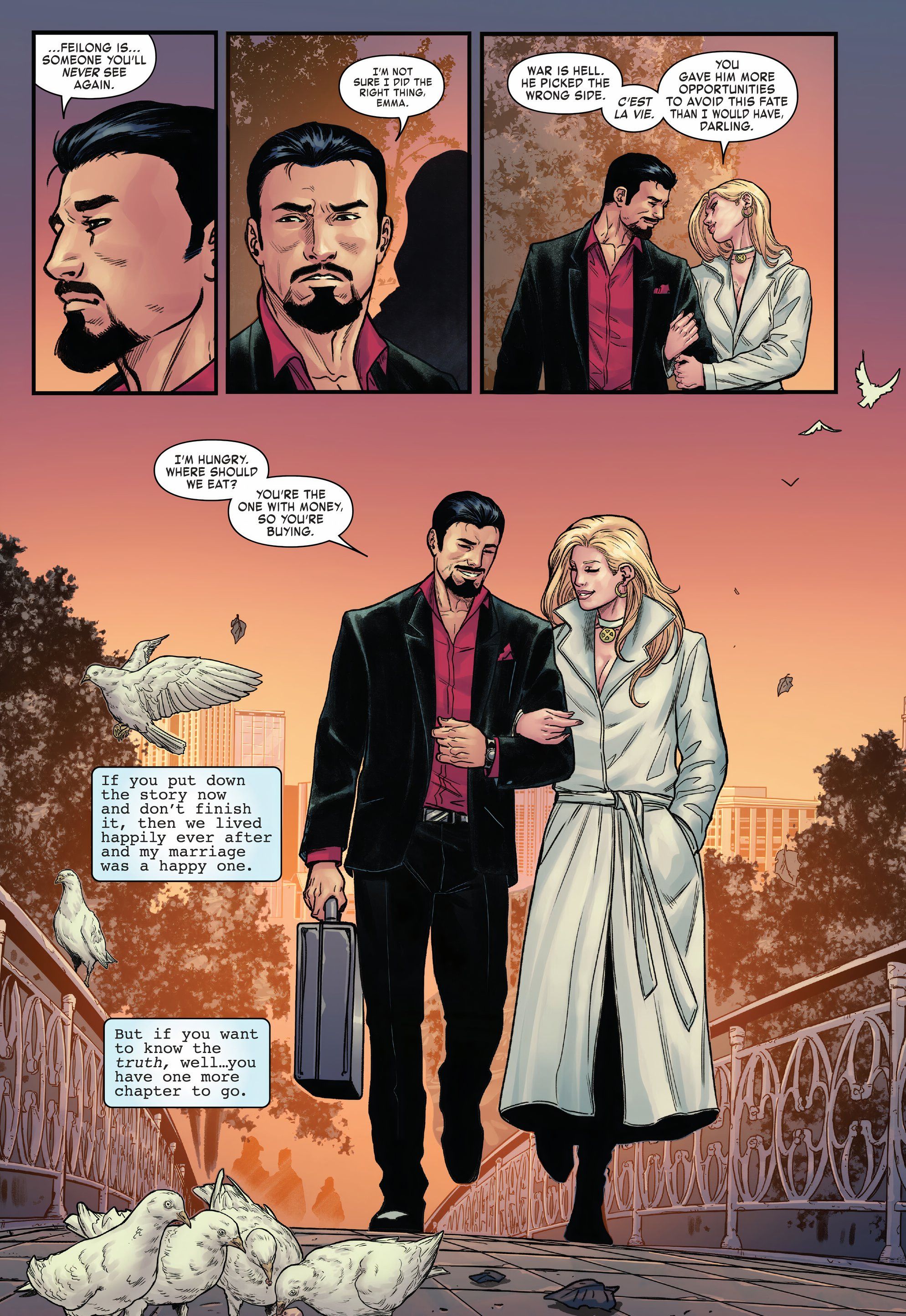 Iron Man i Emma Frost idą ze złożonymi ramionami.  Iron Man kwestionuje swoją decyzję o pochowaniu Feilonga żywcem.