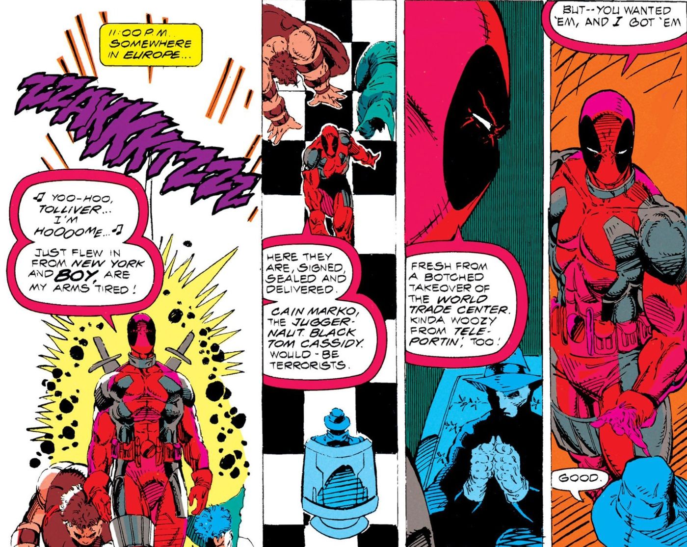Deadpool używający swojego teleportu we wczesnym komiksie X-Force.