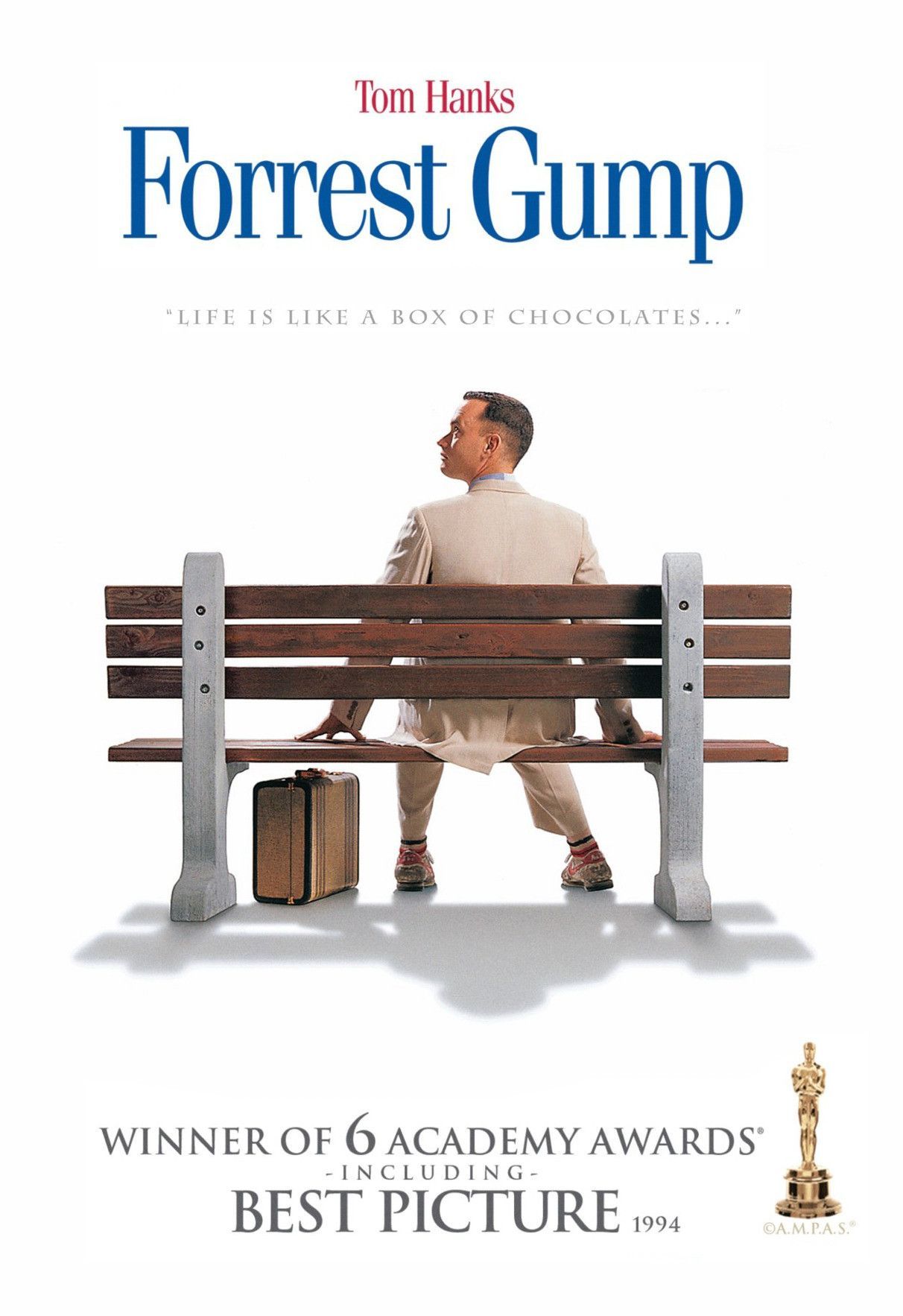 Plakat promocyjny filmu Forrest Gump przedstawiający Toma Hanksa na ławce