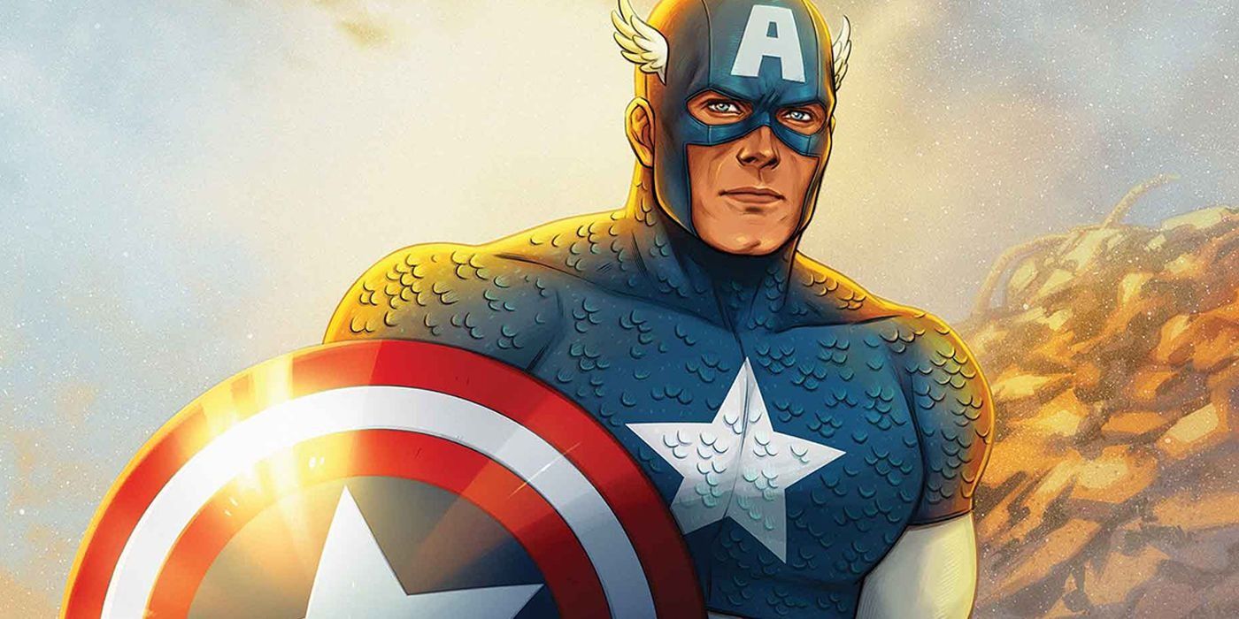 Kapitan Ameryka w kostiumie stojącym w słońcu z tarczą w Marvel Comics.