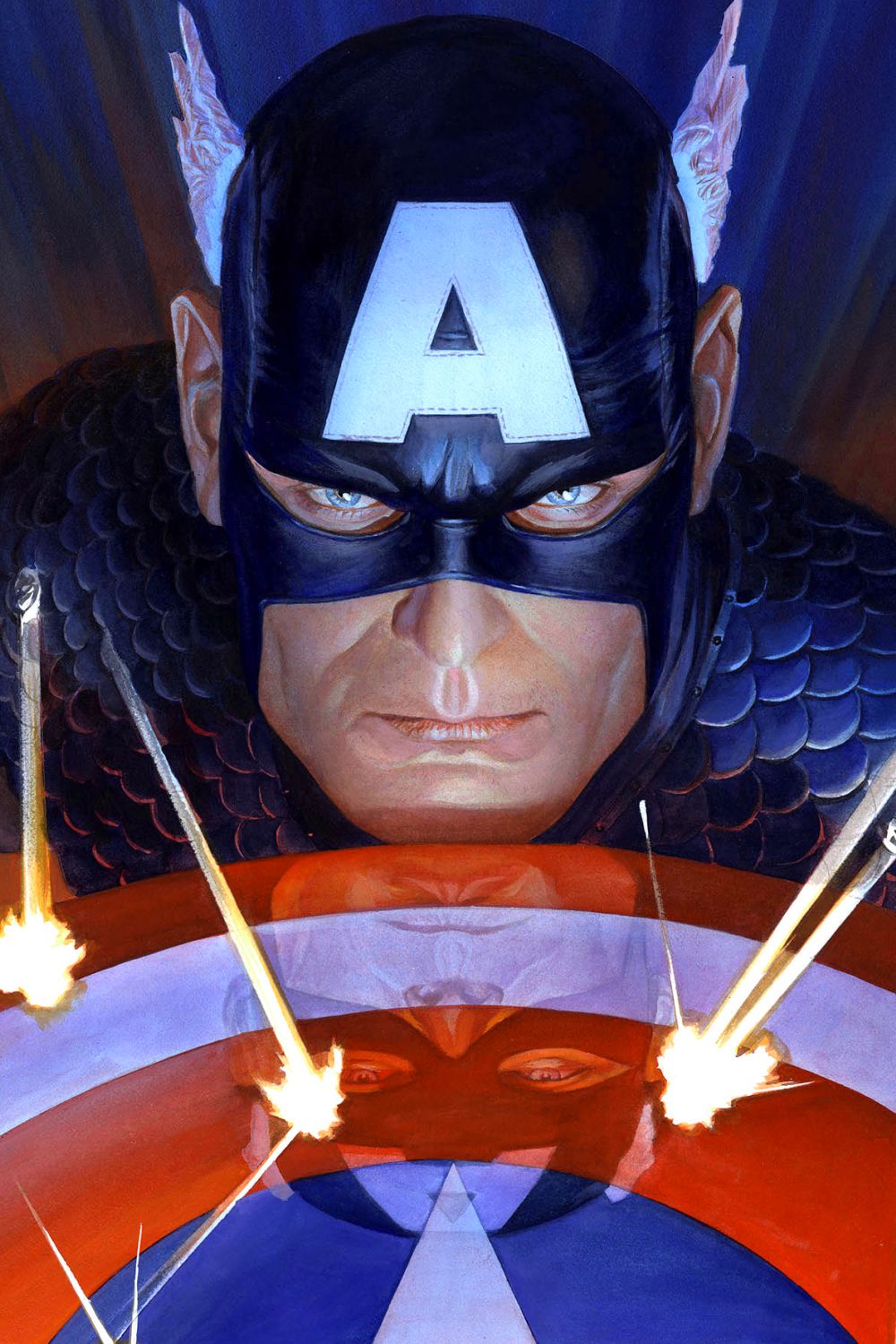 Twarz i tarcza Kapitana Ameryki na okładce komiksu Alexa Rossa