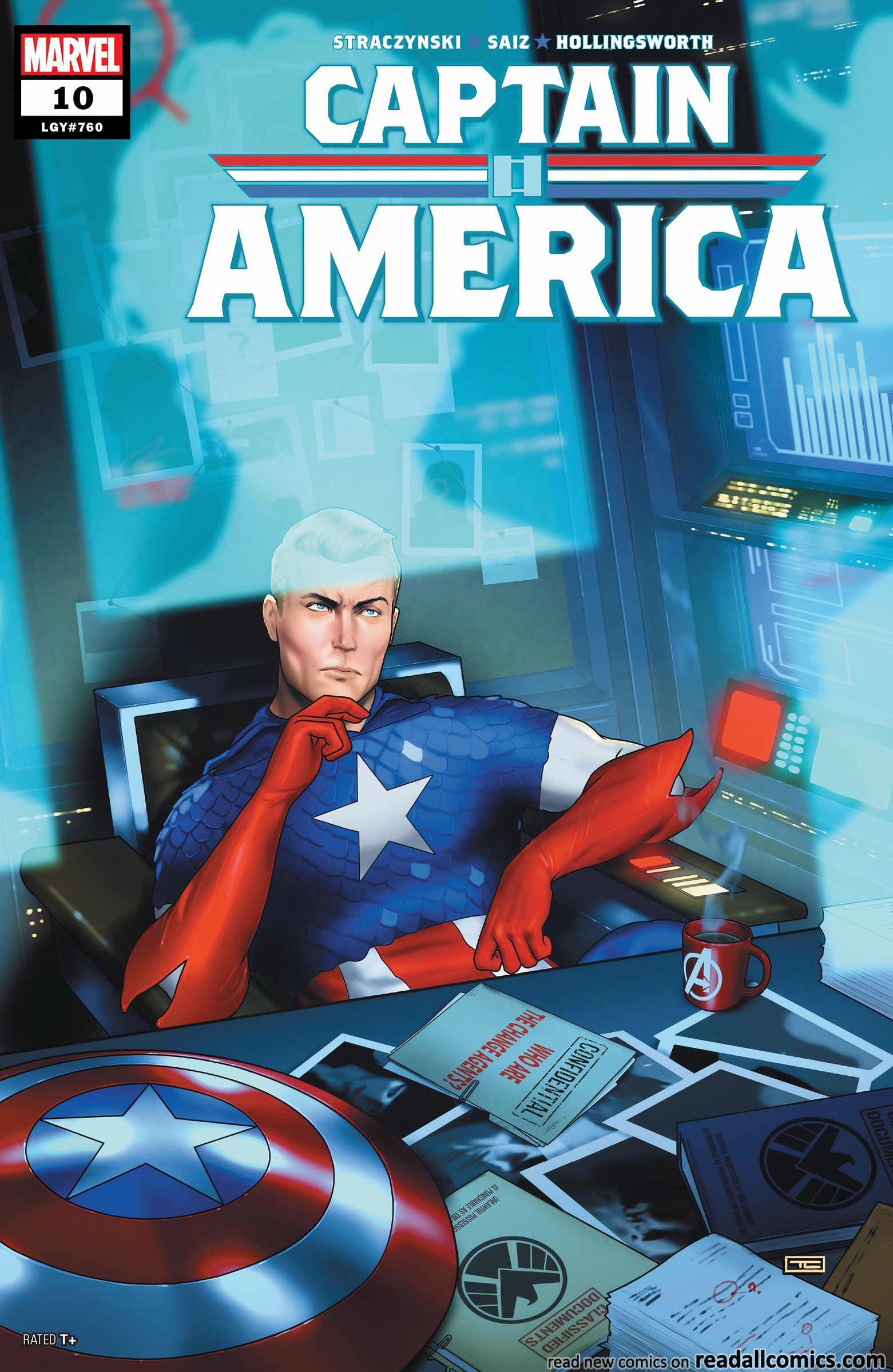 Zdemaskowany Kapitan Ameryka siedzi przed niebieskim ekranem, swoją tarczą i poufnymi aktami. 