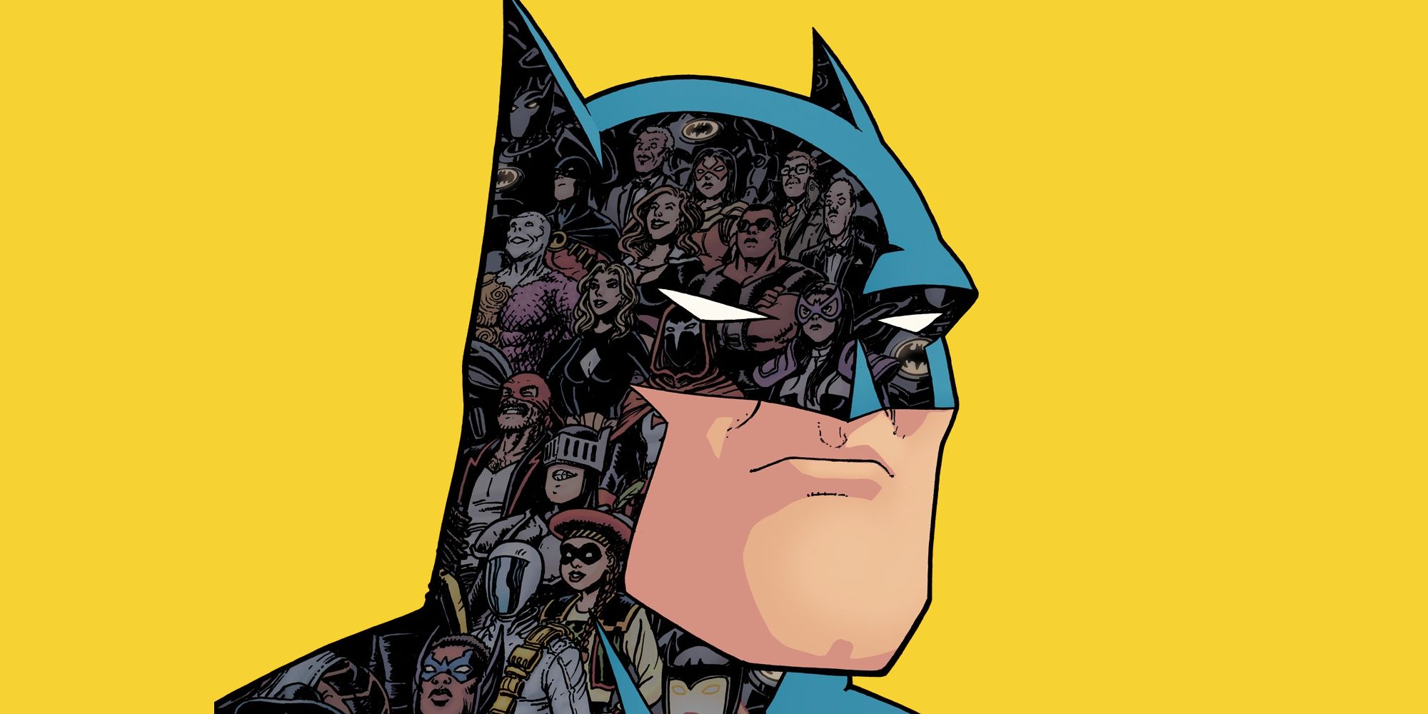 Sztuka komiksowa: Batman marszczy brwi na żółtym tle. Kilka postaci z Bat-Family pojawia się jako odbicia w jego kapturze.