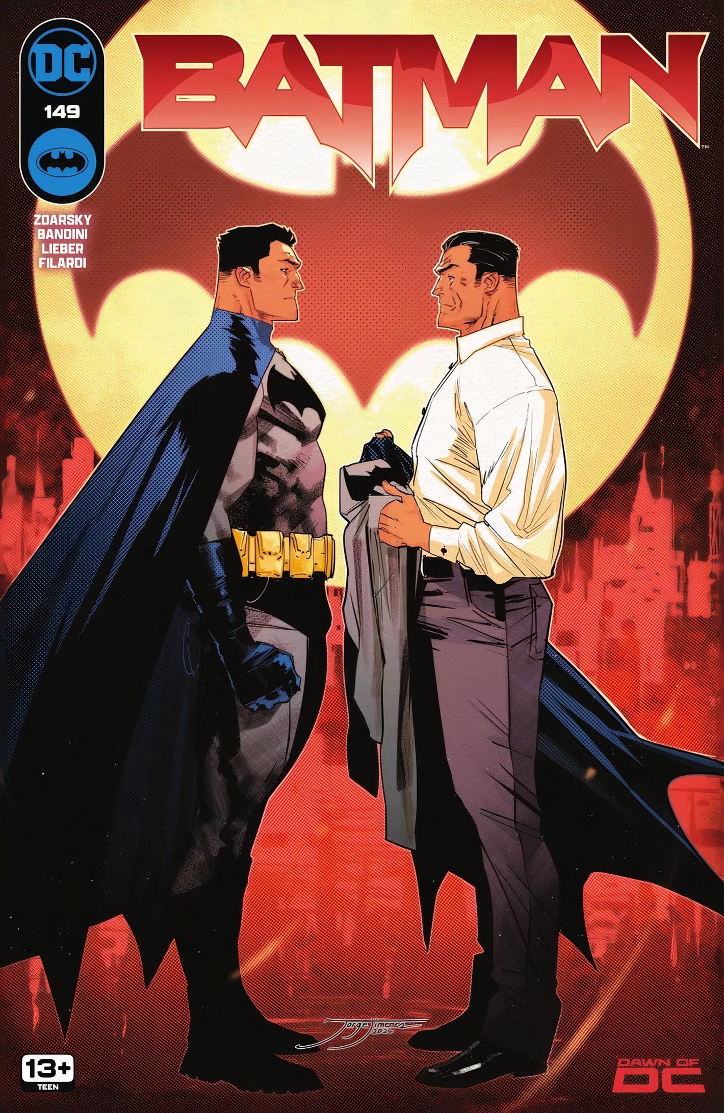 Batman #149, Batman i Bruce Wayne w cywilnych ubraniach twarzą w twarz.