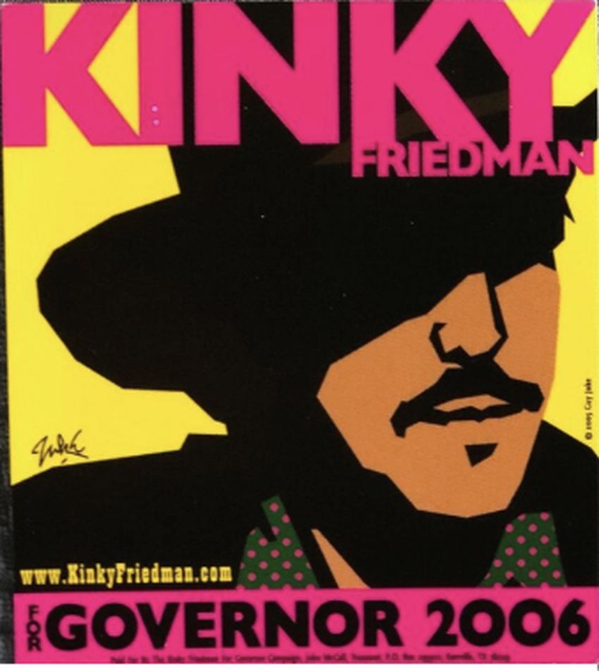 Główne zdjęcie kampanii Kinky Friedman zostało wykonane przez artystę portretowego z koncertu w Austin, Guya Juke.  Kampania w dużej mierze opierała się na kolorach.