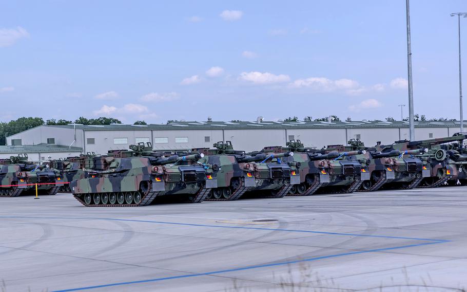 Etap personalny czołgów M1 Abrams w Powidzu APS-2 Worksite 27 czerwca 2024 r. w Powidzu w Polsce. Placówka w Powidzu otrzymała standardowy skład zespołu bojowego brygady pancernej armii USA. 
