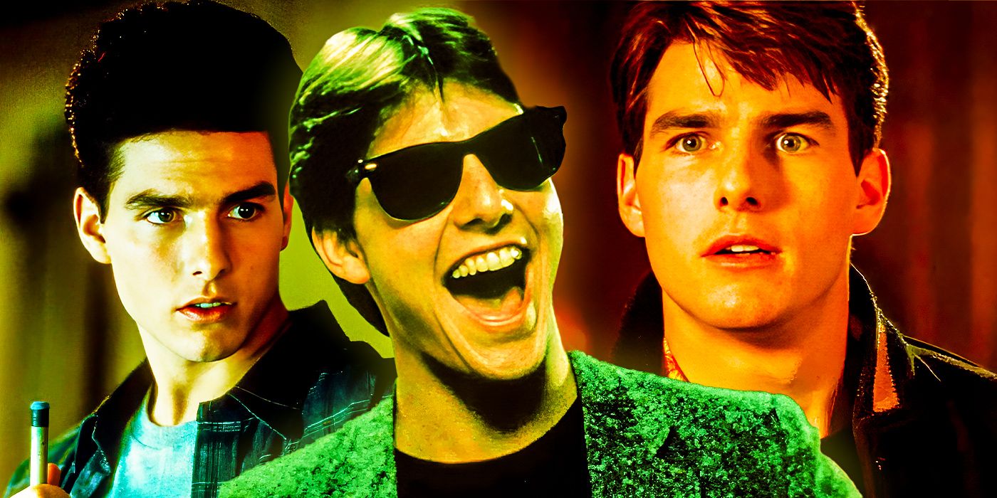 Tom Cruise jako Vincent Lauria trzymający kij bilardowy w Kolorze pieniędzy, śmiejący się z Rayem Bansem w roli Joela w Ryzykownym biznesie i jako porucznik Daniel Kaffee wyglądający na zaskoczonego w Kilku dobrych ludzi