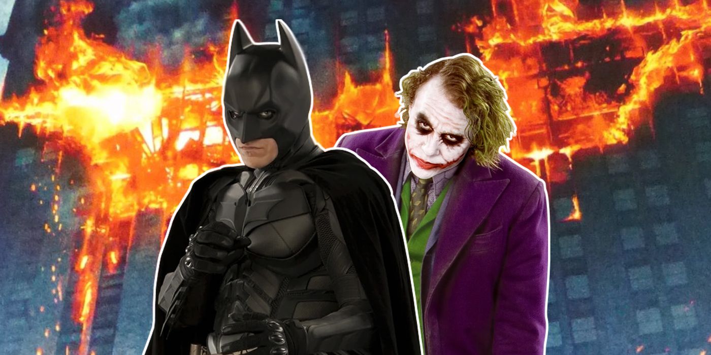 Batman i Joker z Mrocznego Rycerza z płonącym kijem w tle plakatu filmu