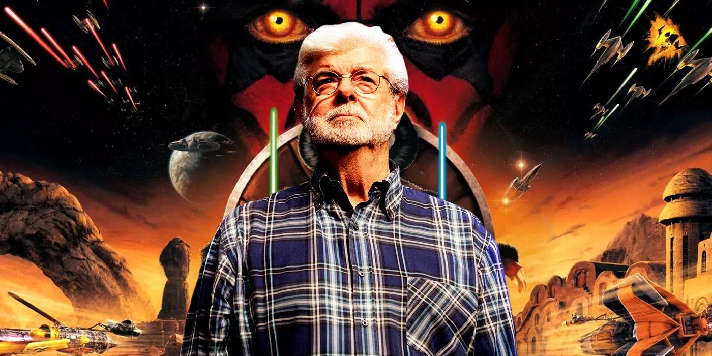 George Lucas przed plakatem Mrocznego Widma przedstawiającym oczy Sithów Dartha Maula