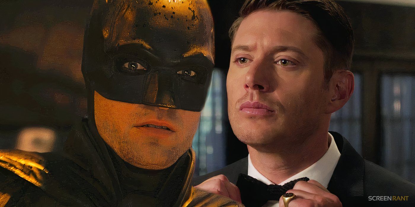 Batman Roberta Pattinsona wyglądający na zszokowanego w Batmanie i Dean Winchester grany przez Jensena Acklesa poprawiający krawat w filmie Supernatural