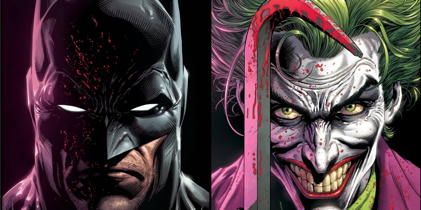 Podzielony obraz Batmana i Jokera na okładce albumu Three Jokers.