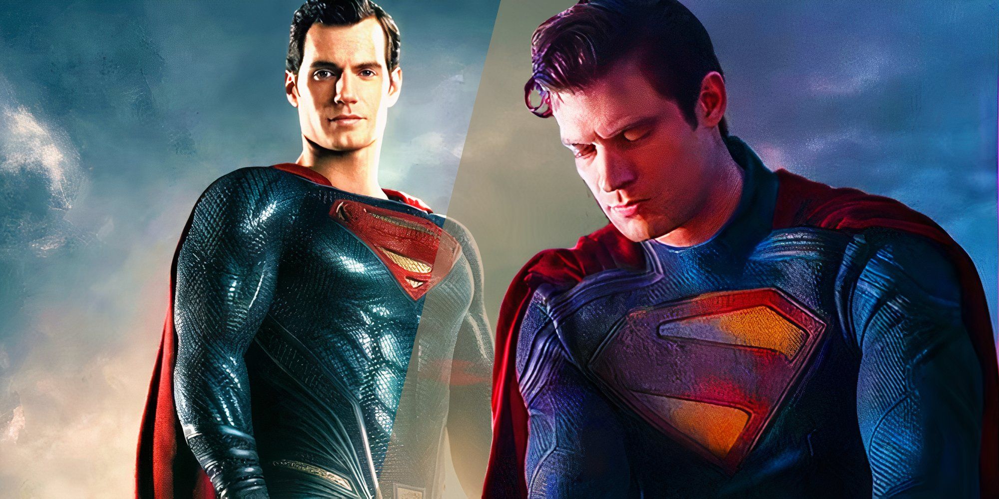 David Corenswet jako Superman (2025) obok Henry'ego Cavilla jako Superman z Ligi Sprawiedliwości (2017)