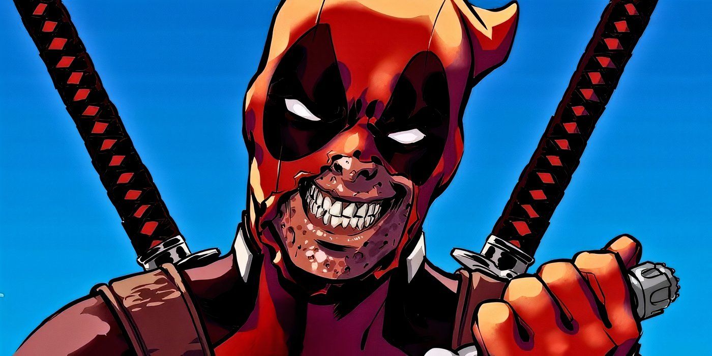 Deadpool uśmiecha się z odkrytą maską.