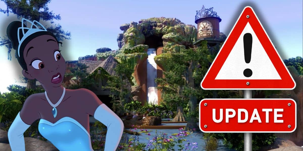 Tiana wygląda na oszołomioną tabliczką informującą o aktualizacji w Magic Kingdom dla Tiana's Bayou Adventure w Disney World.