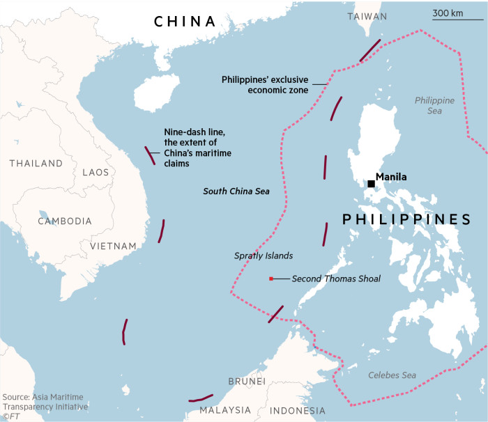 Mapa Morza Południowochińskiego przedstawiająca chińską linię składającą się z dziewięciu kresek i wyłączną strefę ekonomiczną Filipin