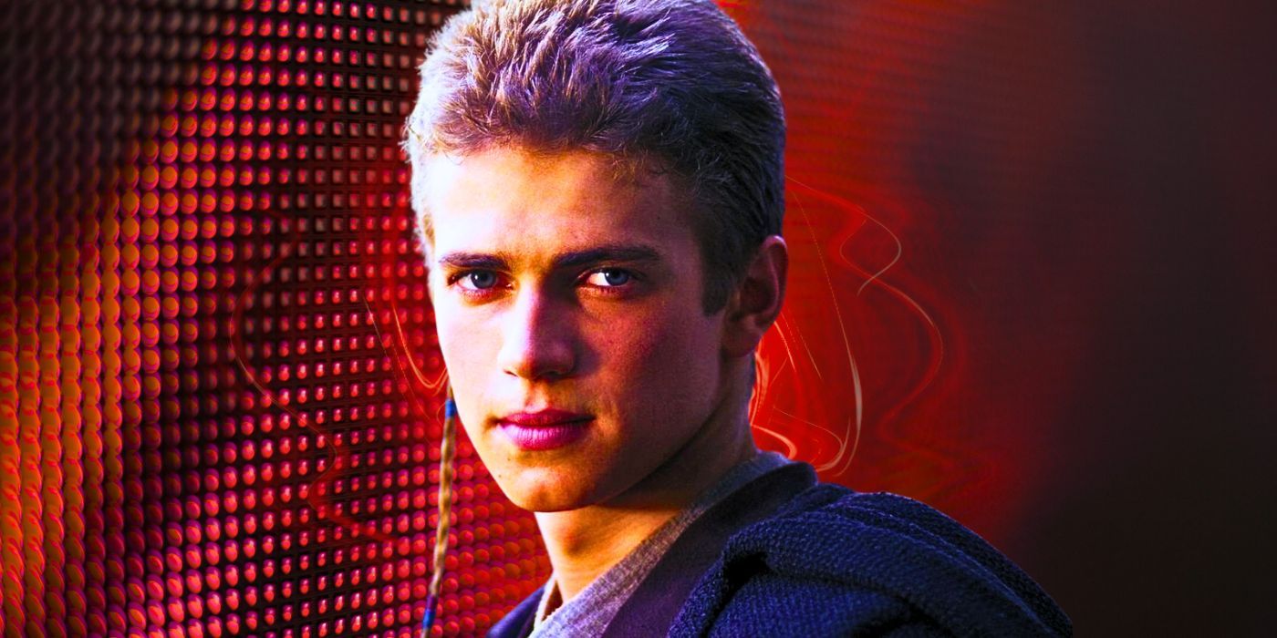 Anakin Skywalker Haydena Christensena z warkoczem Padawana na czerwonym tle