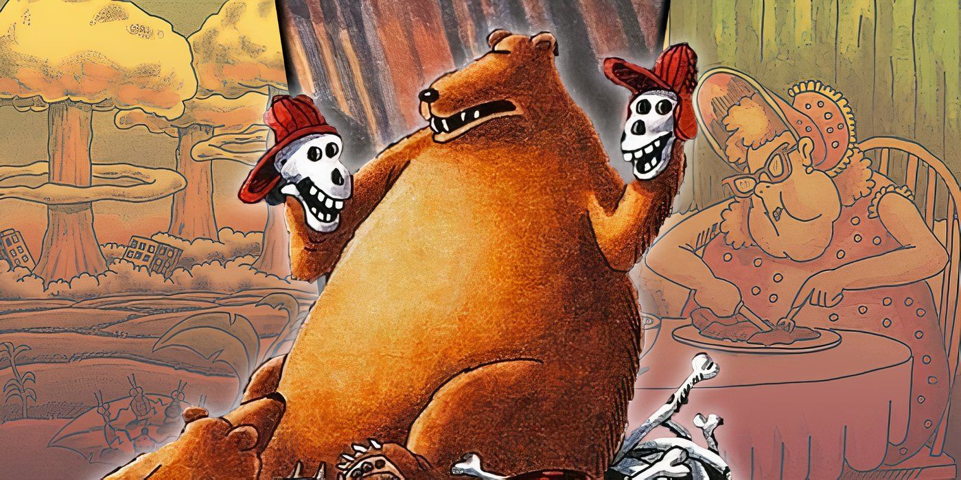 Podzielony obraz komiksu Gary'ego Larsona „Na krańcu świata” z niedźwiedziem opowiadającym historie na dobranoc i innymi paskami w tle