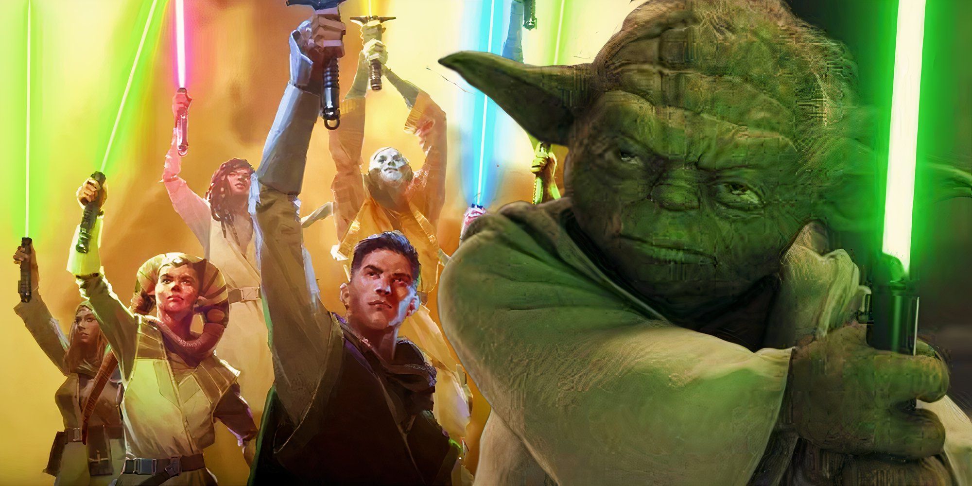 Jedi Wysokiej Republiki wznoszą swoje miecze świetlne obok Yody trzymającego swój zielony miecz świetlny