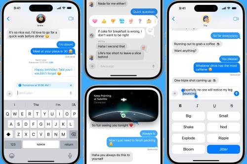 Zrzuty ekranu przedstawiające różne nowe funkcje iMessage w iOS 18.