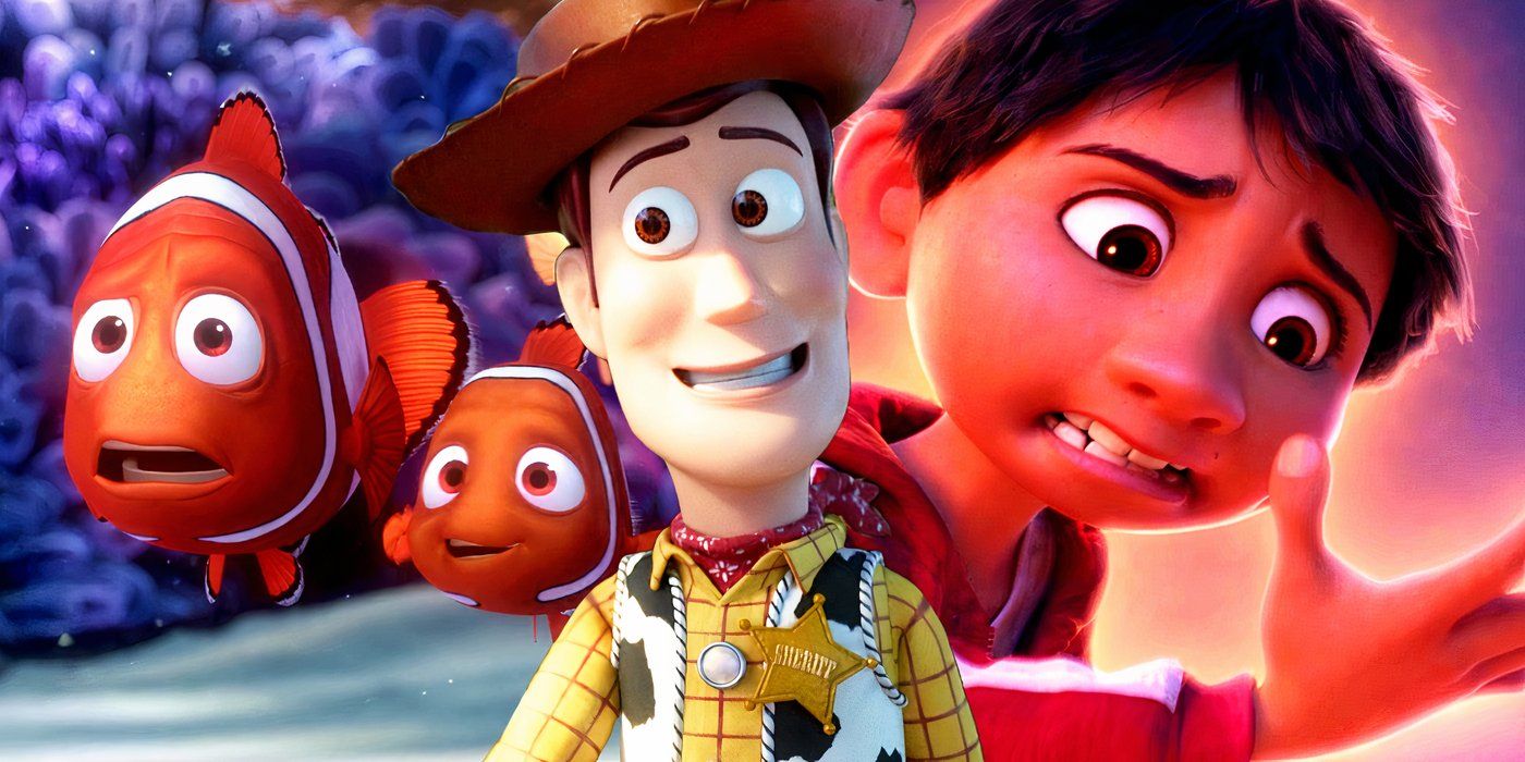 Woody uśmiecha się w „Toy Story”, Marlin z Nemo w „Gdzie jest Nemo” i Miguel patrzący na swoją rękę w „Coco”