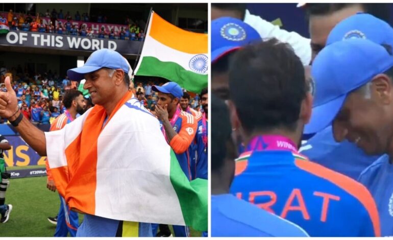 Rahul Dravid uwalnia swoją dziką stronę w niespotykanych dotąd celebracjach po tym, jak Virat Kohli wręcza Indiom trofeum T20WC