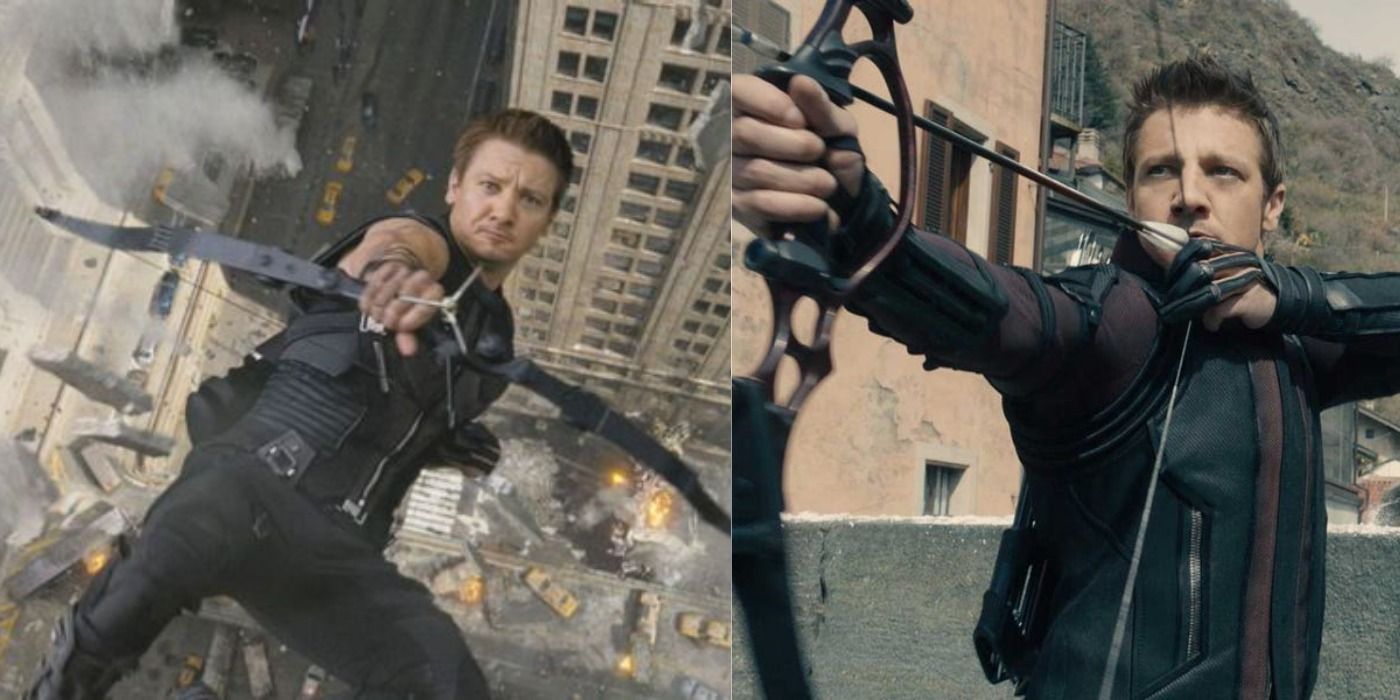 Podzielony obraz: Hawkeye spada z budynku/ Hawkeye celuje z łuku