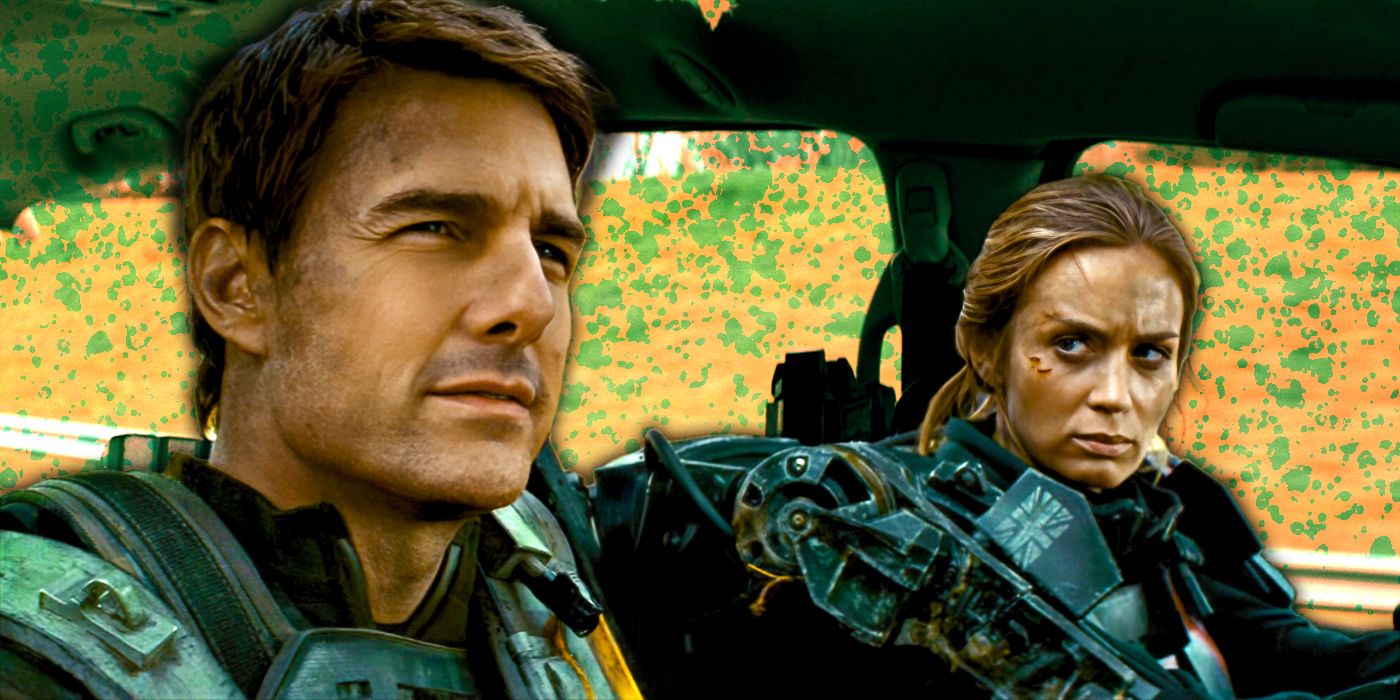 Tom Cruise i Emily Blunt w filmie Na skraju jutra jadą samochodem na tle złożonym z zielonych i pomarańczowych kropek