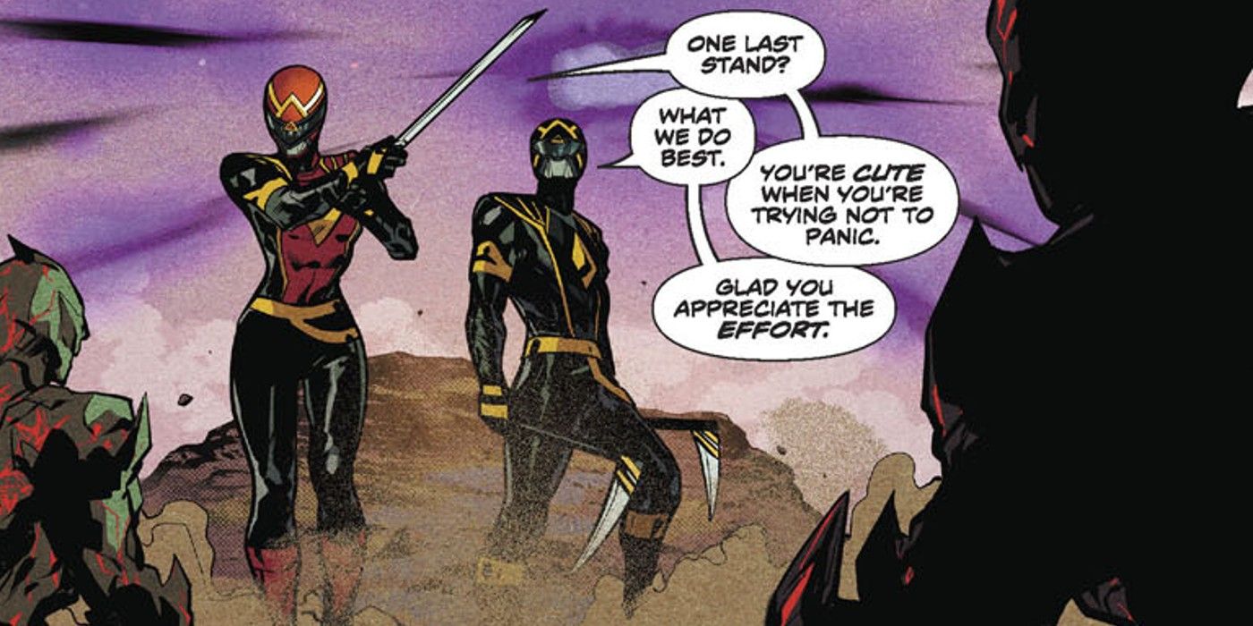 Żółty, który zmienił się w czerwony Ranger Trini Kwan i Czarny Ranger Zack Taylor walczą z armią Dark Spectre jako Omega Rangers w komiksie Mighty Morphin Power Rangers