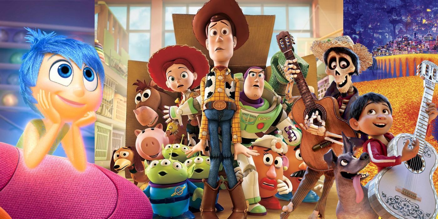 Kolaż filmów Inside Out, Toy Story i Coco od Pixara