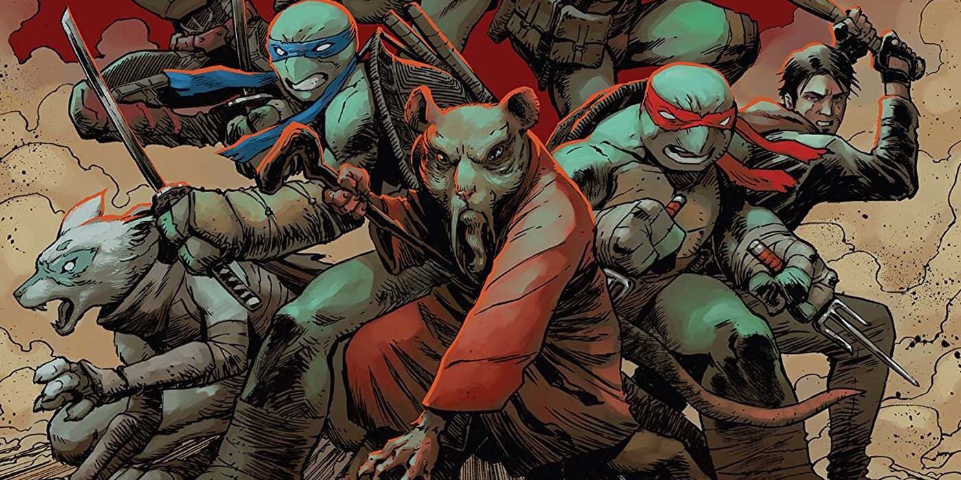 Splinter (na pierwszym planie) z Wojowniczymi Żółwiami Ninja i ich sojusznikami za nim wkraczającymi do akcji.
