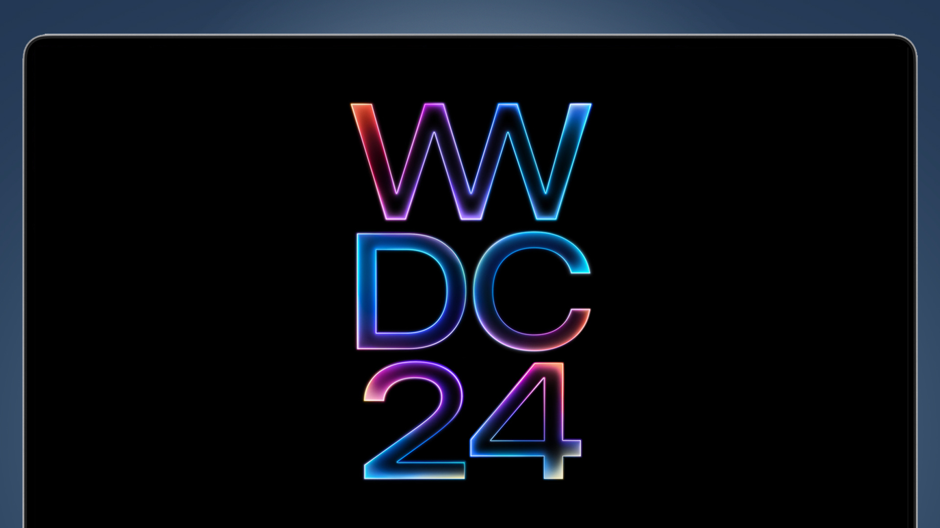 MacBook na niebieskim tle ze stroną zwiastuna WWDC 2024