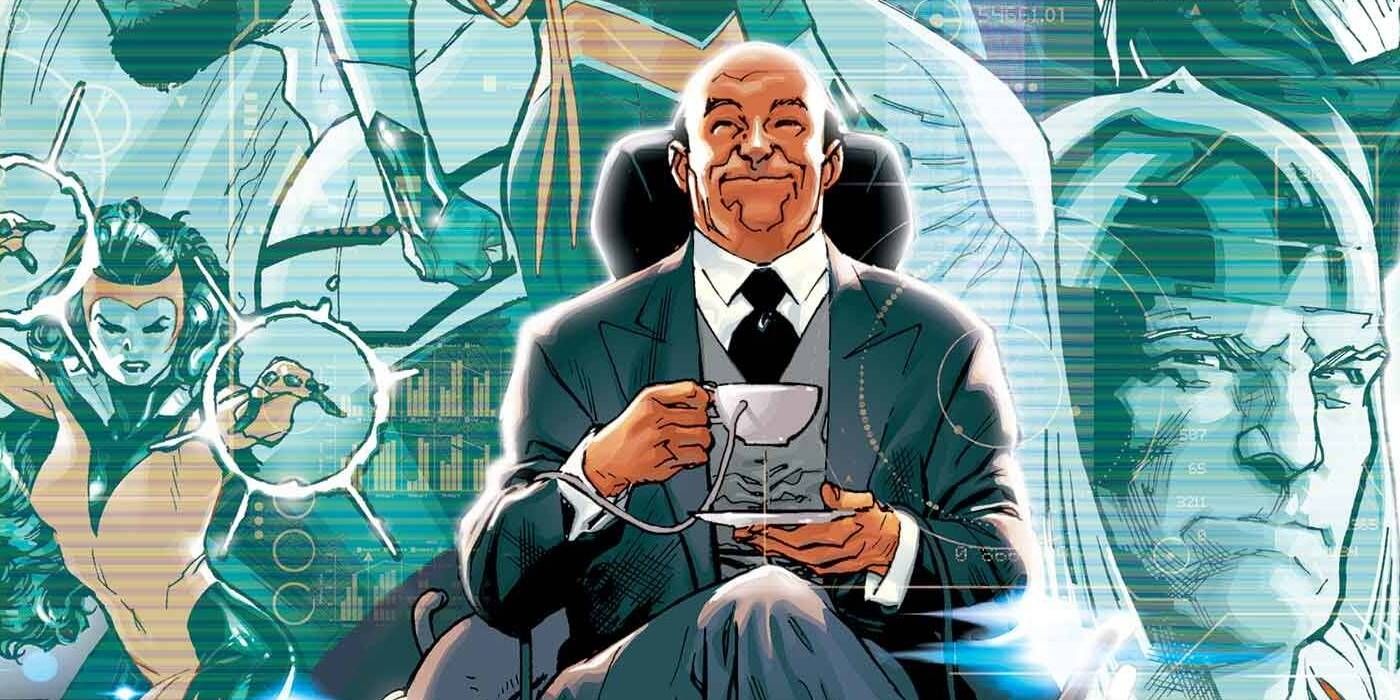 Edwin Jarvis w garniturze z herbatą na tle Avengersów dla Avengers # 11