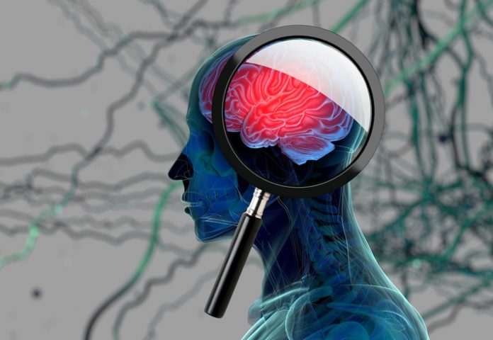 Tło medyczne 3D ze szkłem powiększającym badające mózg, przedstawiające badania nad chorobą Alzheimera.  ilustracja 3D