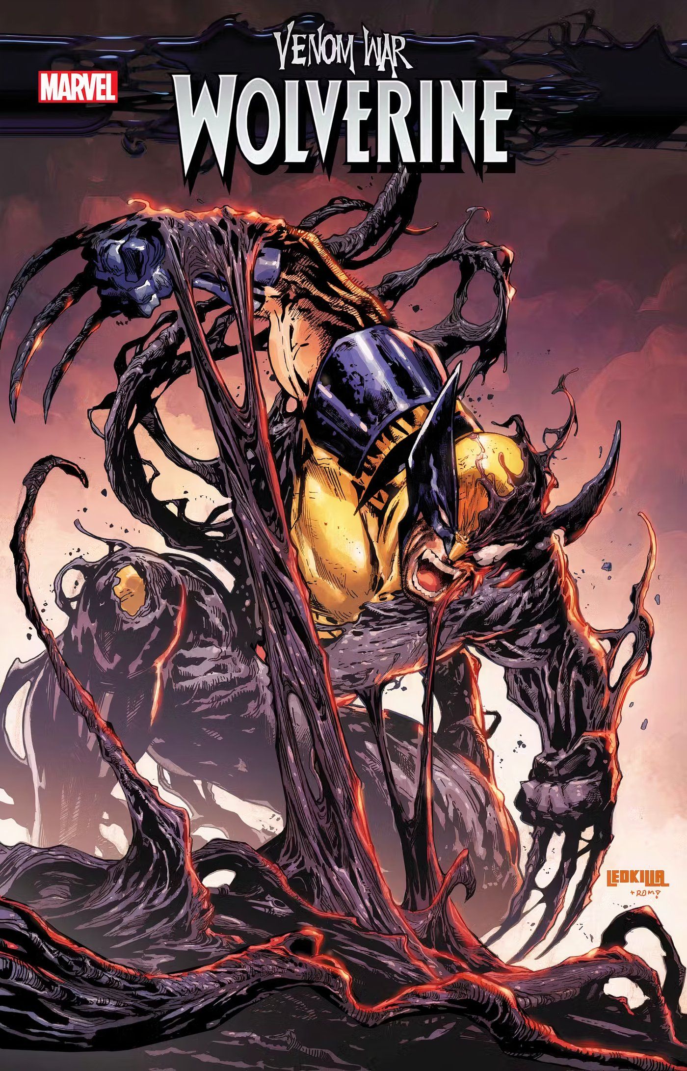 Venom War: Wolverine #1, Wolverine krzywi się, gdy symbiont łączy się z nim.