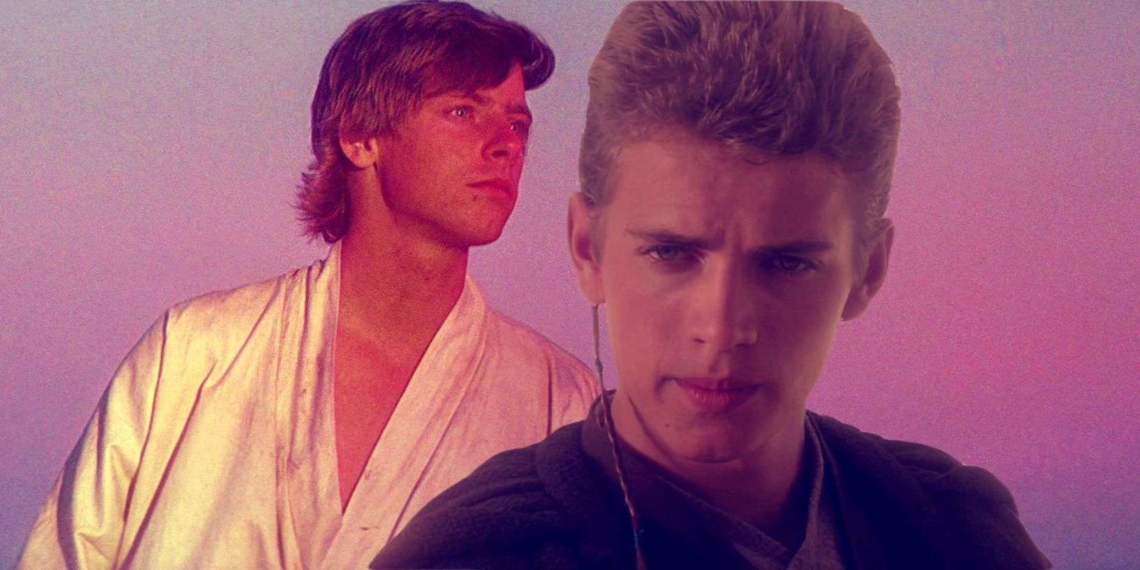 Luke Skywalker z A New Hope w tle i Anakin Skywalker z Attack of the Clones na pierwszym planie w jasnofioletowo-różowym odcieniu