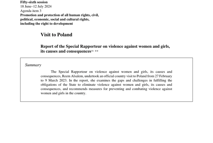 Wizyta w Polsce – Raport Specjalnego Sprawozdawcy ds. przemocy wobec kobiet i dziewcząt, jej przyczyn i konsekwencji (A/HRC/56/48/Add.1) – Polska