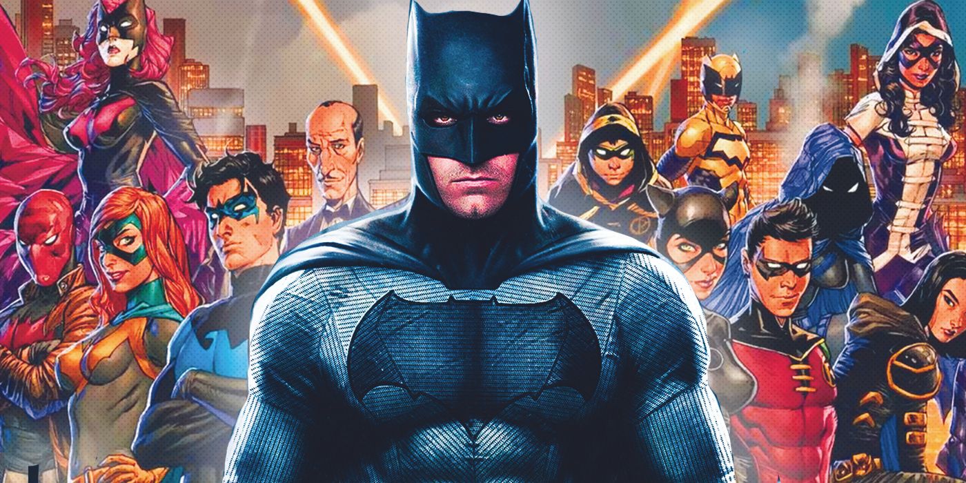 Ben Affleck jako Batman (na pierwszym planie) z plakatem komiksowym Rodziny Nietoperzy (w tle)