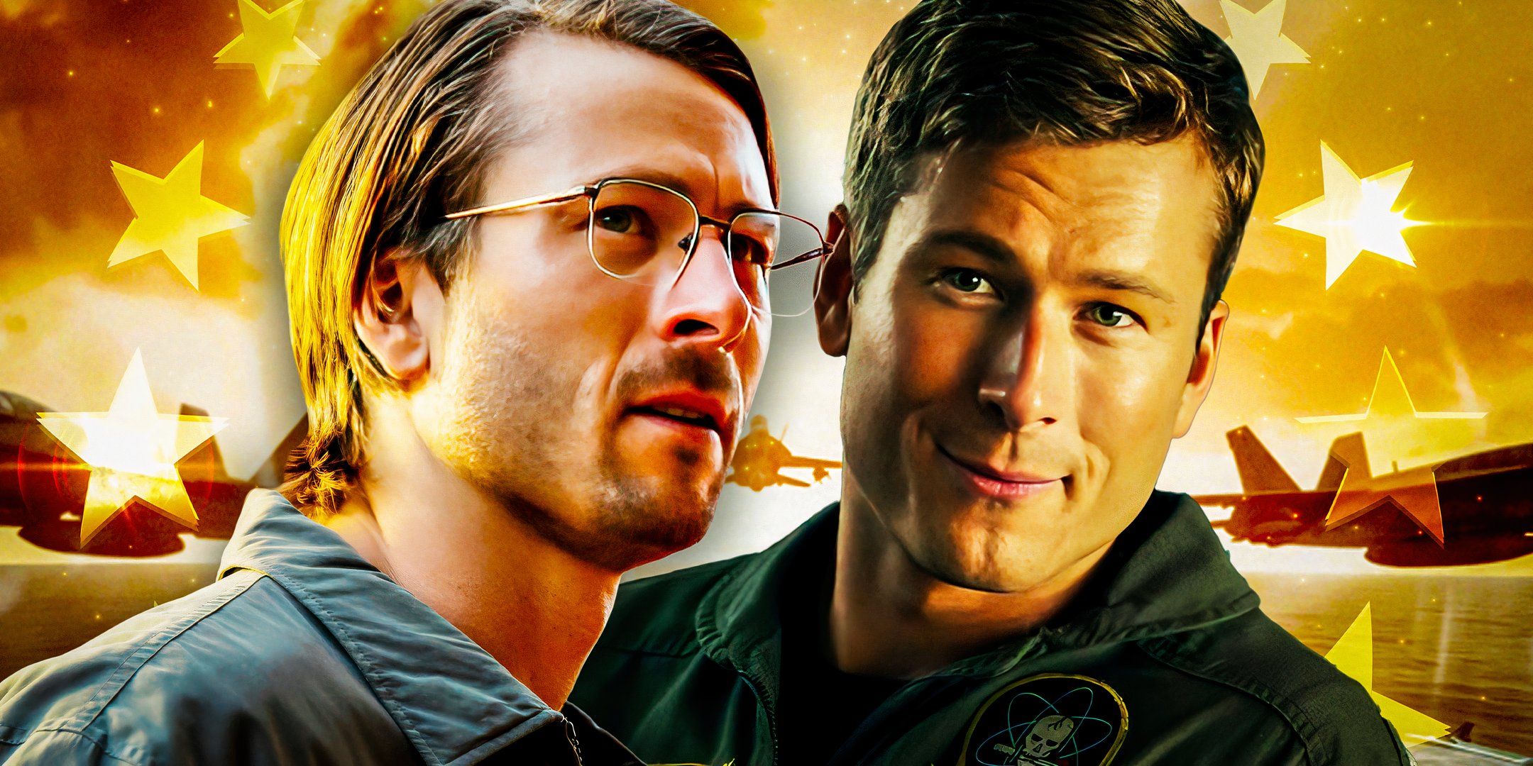 Glen Powell jako porucznik Jake „Hangman” Seresin z Top Gun Maverick i Glen Powell jako Gary Johnson z Hit Man