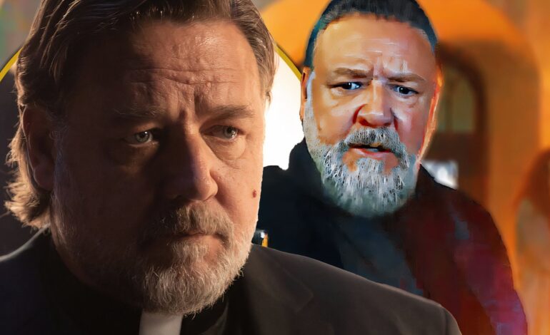 Russell Crowe w filmie „Egzorcysta papieża i egzorcyzmy po roku” z przemówieniem scenarzysty i reżysera filmu z 2024 r.