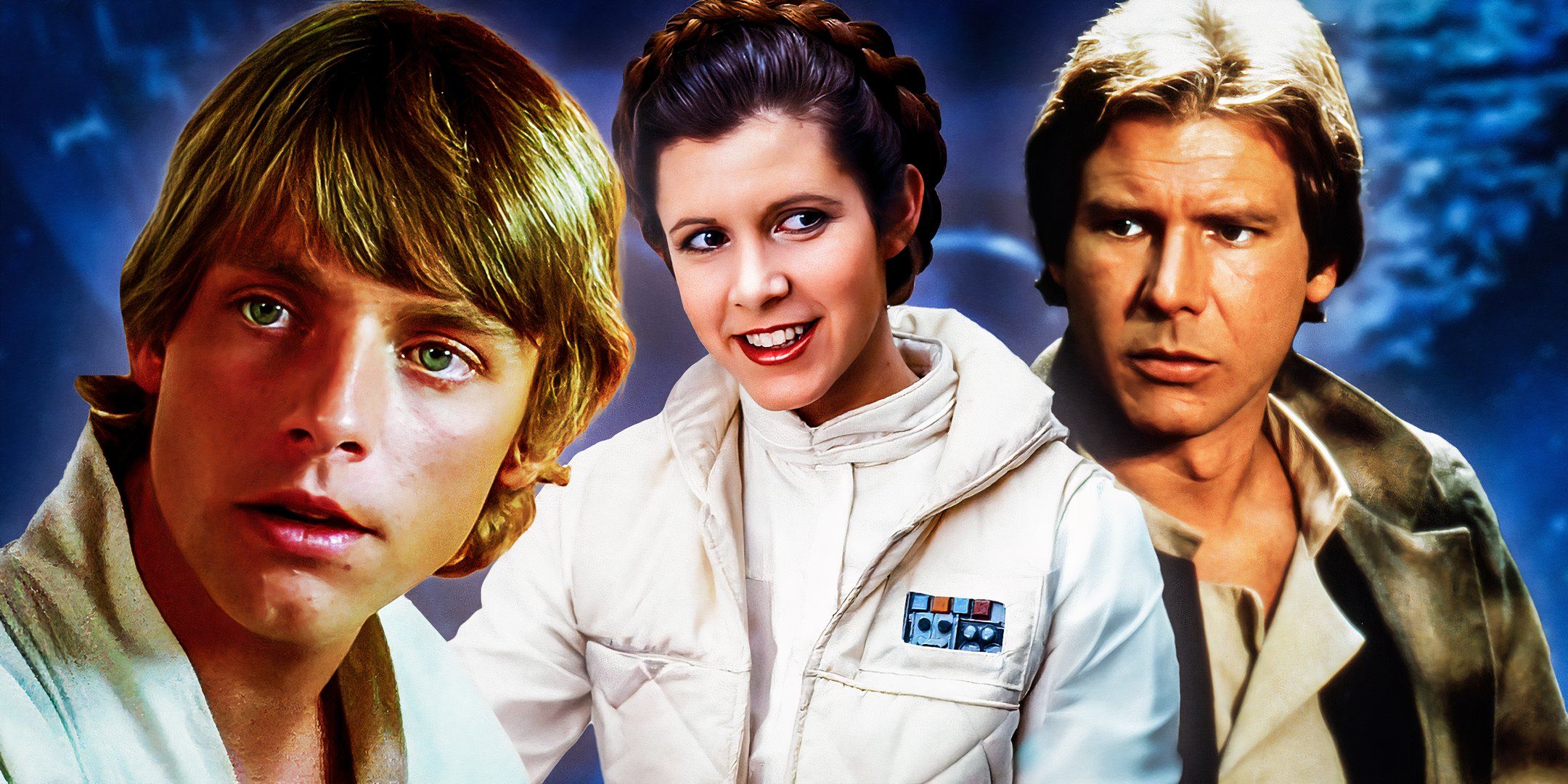 Luke Skywalker (Mark Hamill) w Nowej nadziei, Leia Organa (Carrie Fisher) w Imperium kontratakuje i Han Solo (Harrison Ford) w Powrocie Jedi