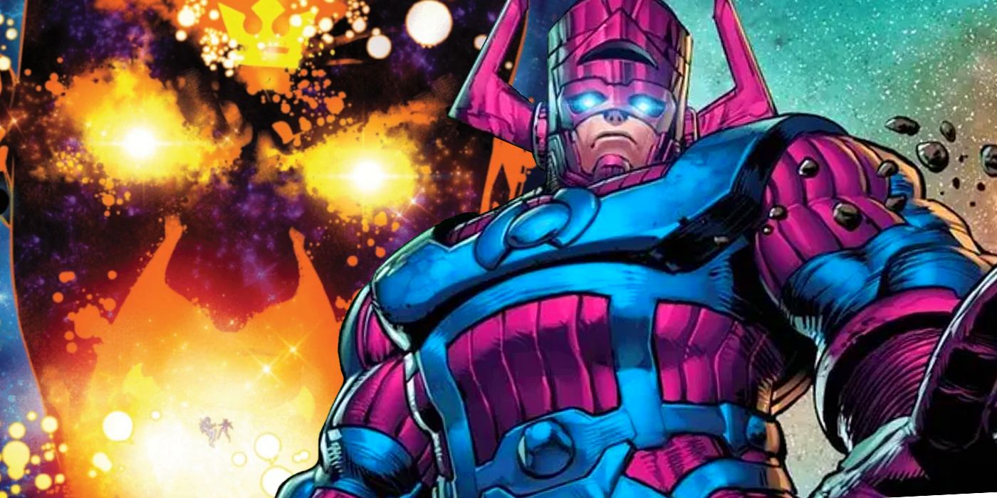 Podzielony obraz Dominium (po lewej) i Galactus (po prawej) z Marvel Comics.