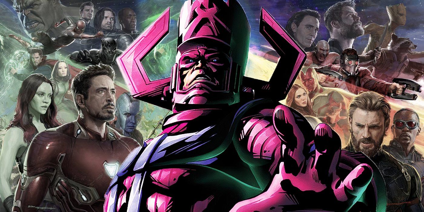 Galactus z komiksów Marvela z Avengersami z MCU w tle.