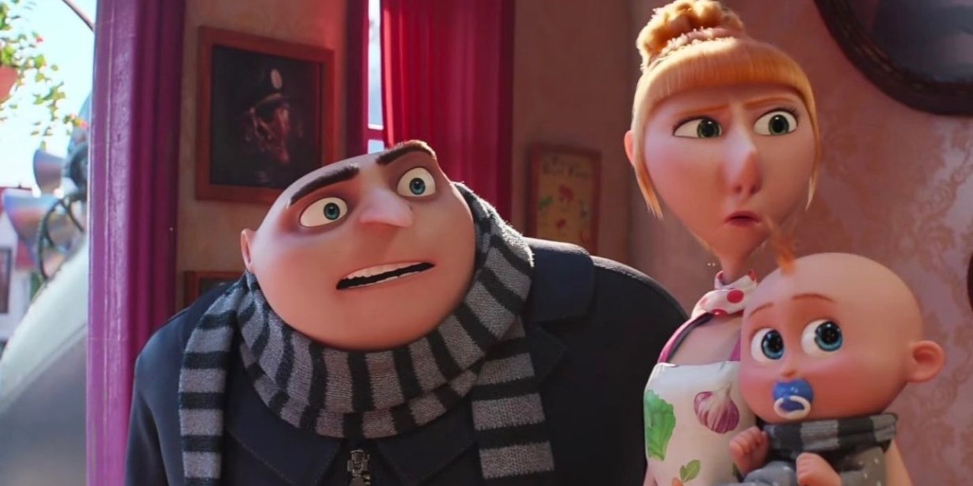 Gru i Lucy trzymają dziecko w filmie Despicable Me 4