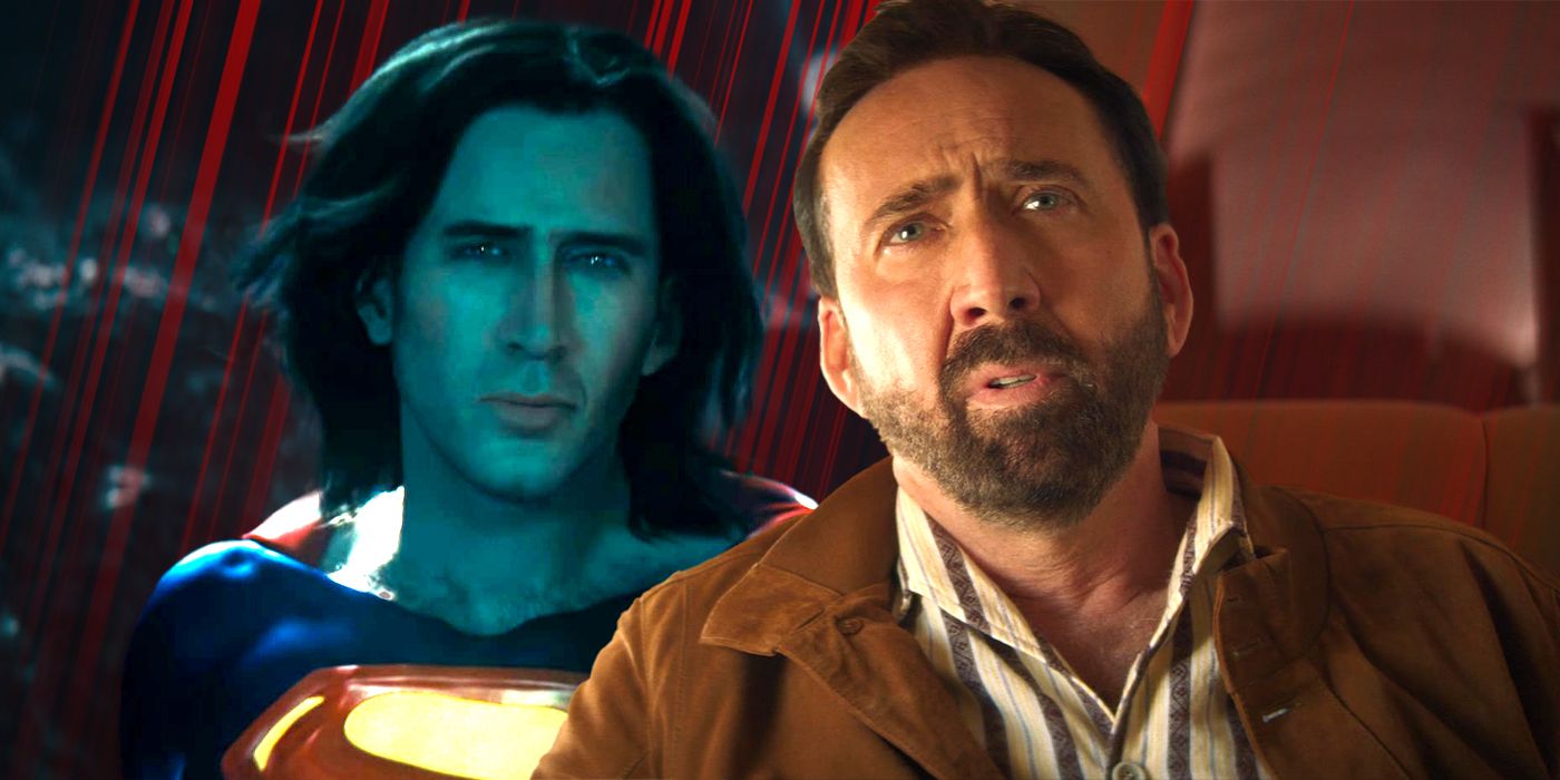 Nicolas Cage jako Nick Cage patrzący na Supermana w The Flash