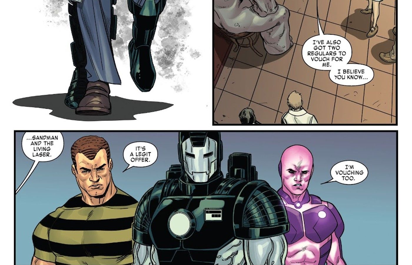 Living Laser i Sandman ręczą za War Machine Jamesa Rhodeya Rhodesa w Invinicible Iron Man #19